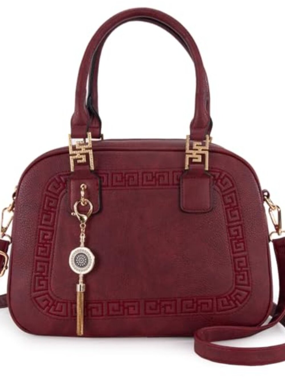 Faux Leather Satchel Crossbody Handbag with Greek Key Embossing